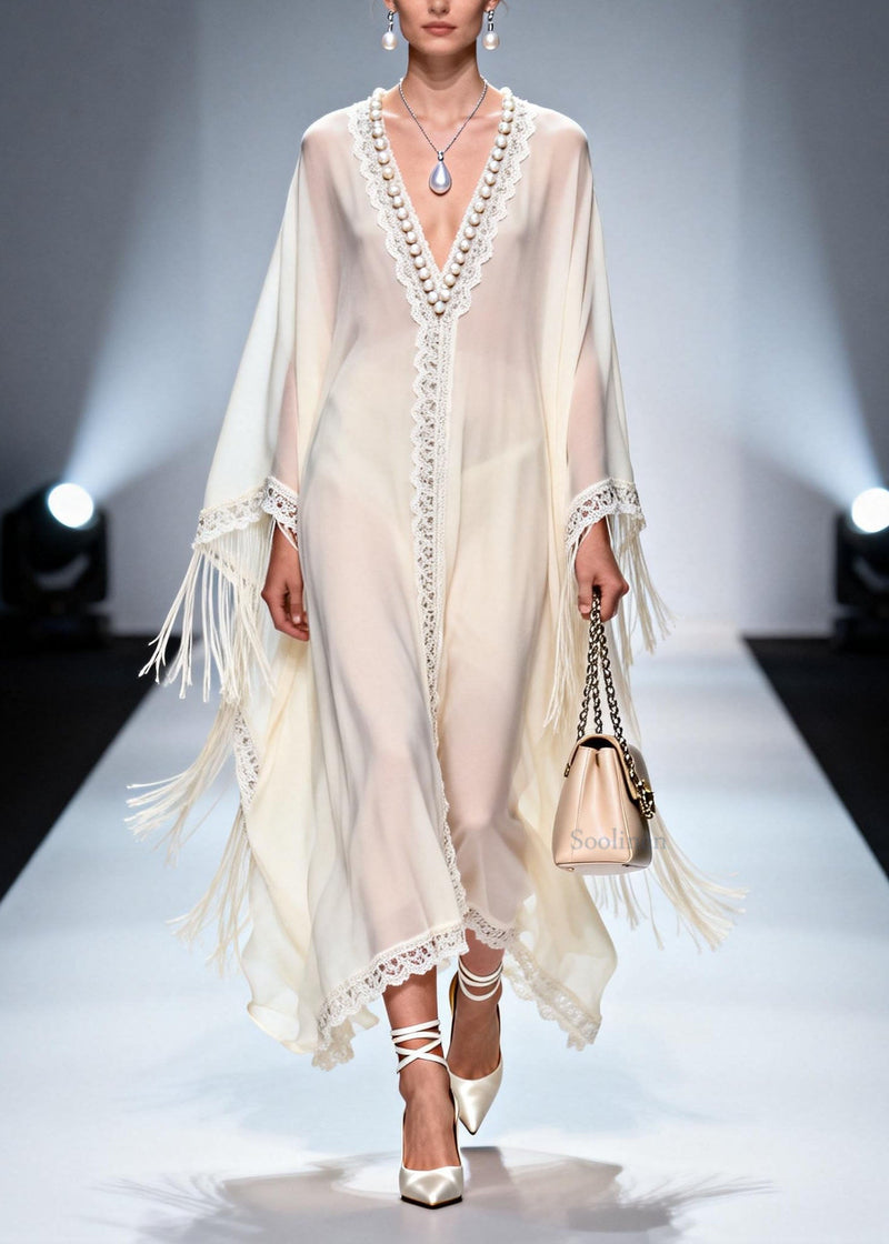 V Neck Tassel Nail Bead Patchwork Chiffon Dress Summer