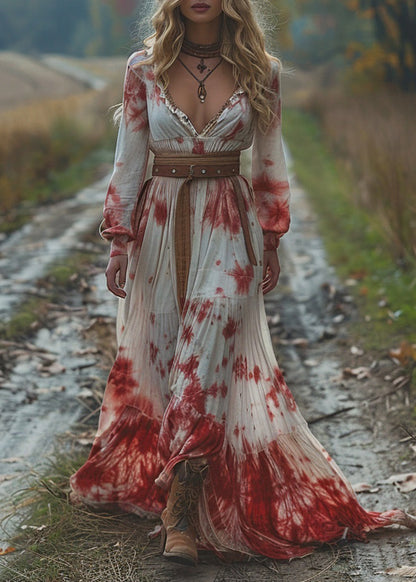 V Neck Tie Dye Wrinkled Patchwork Cotton Dresses Long Sleeve