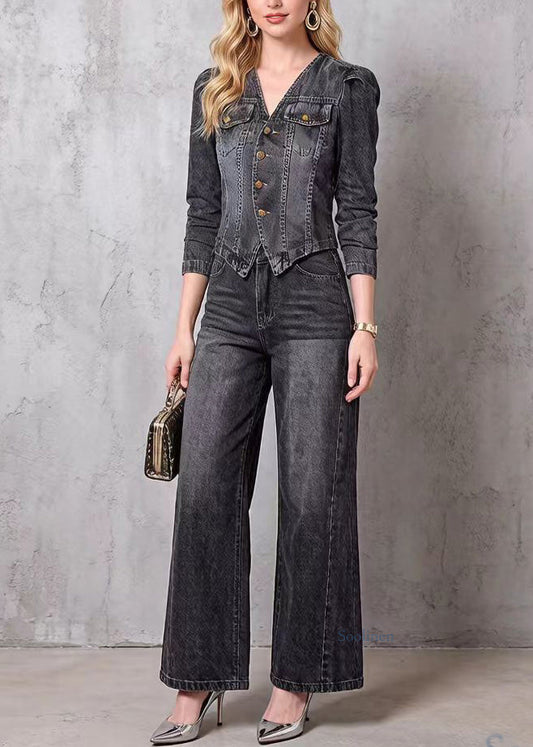 V Neck Top and Pants Denim Two Pieces Set Spring