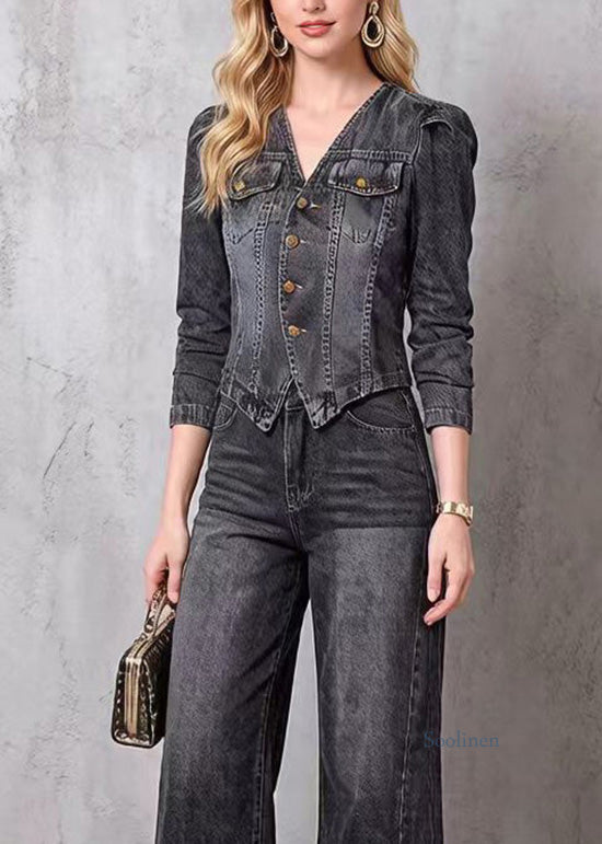 V Neck Top and Pants Denim Two Pieces Set Spring