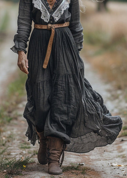 V Neck Lace Patchwork Cotton Long Sleeve Maxi Dress