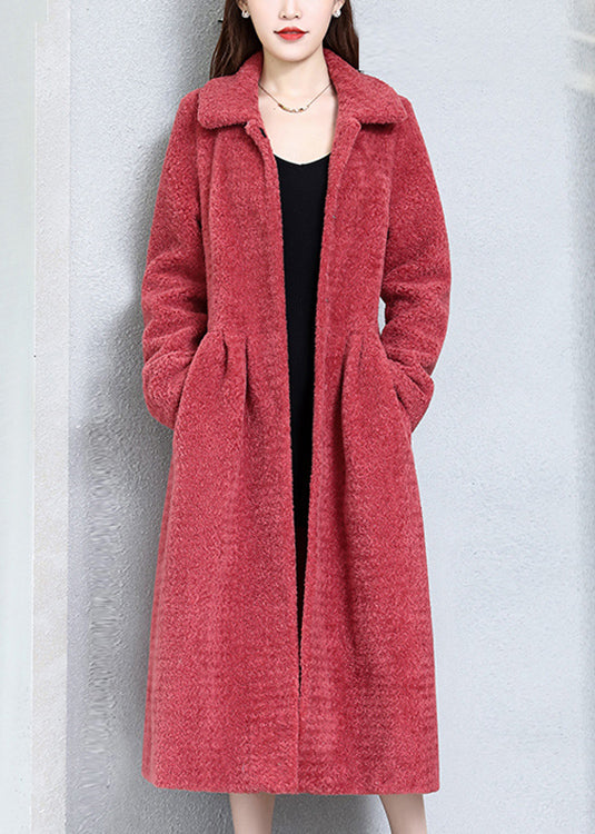 Watermelon Red Wrinkled Pockets Teddy Faux Fur Coats Long Sleeve