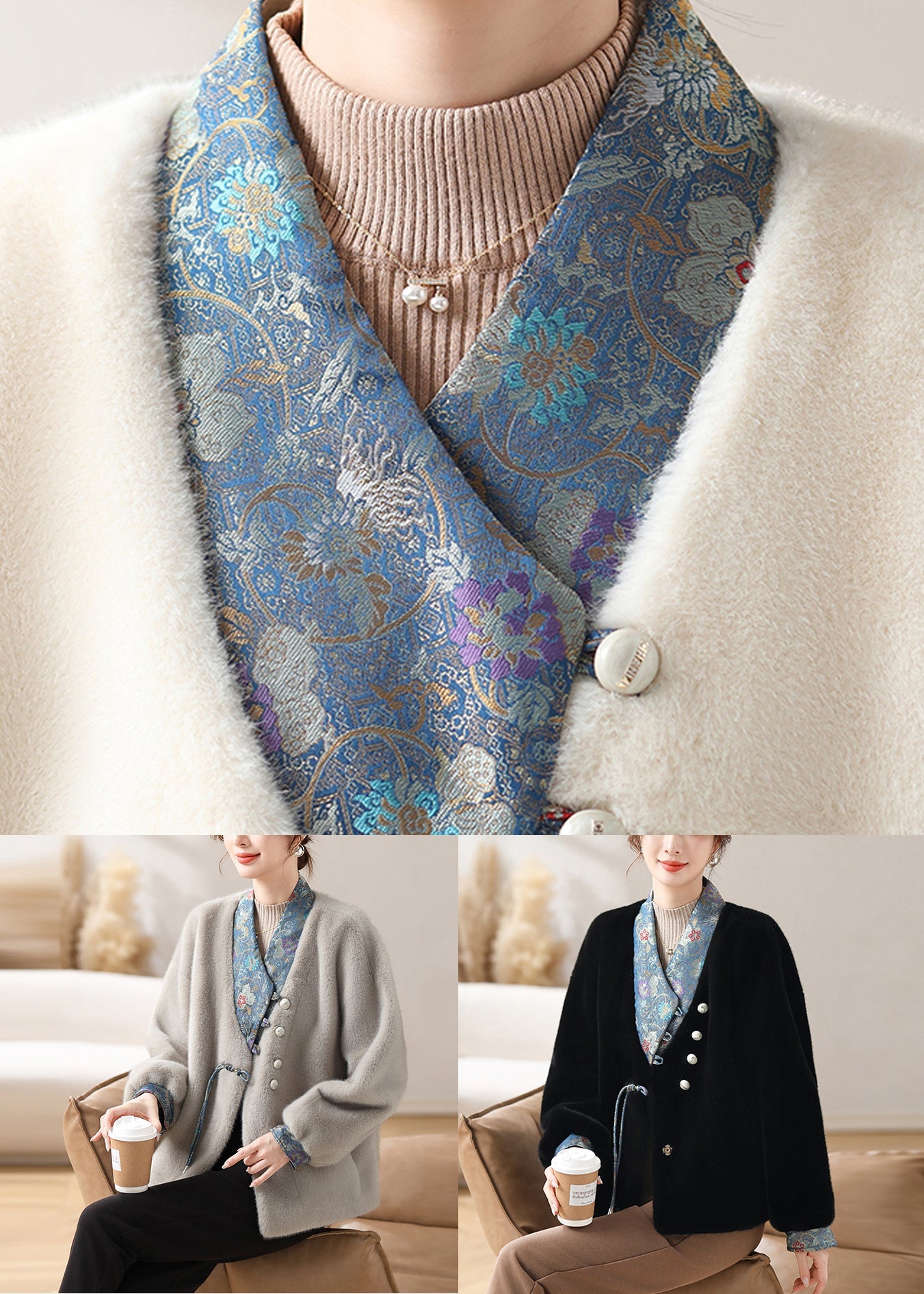 White Asymmetrical Button Mink Velvet Coat Winter