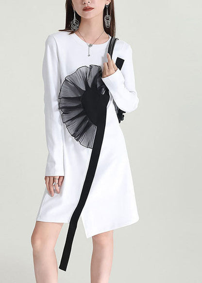 White Asymmetrical Patchwork Applique Cotton Dresses Fall