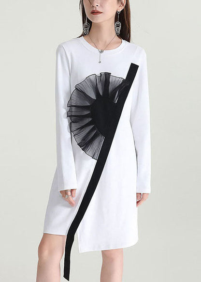 White Asymmetrical Patchwork Applique Cotton Dresses Fall