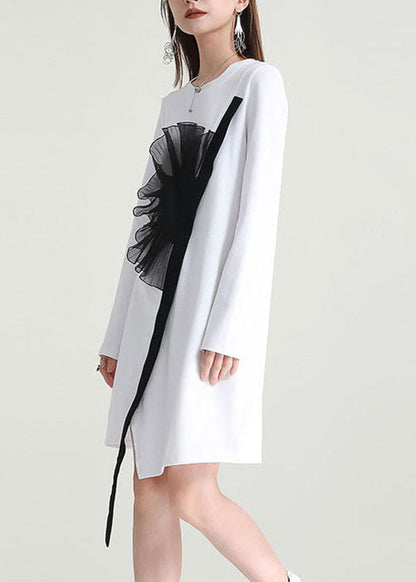 White Asymmetrical Patchwork Applique Cotton Dresses Fall