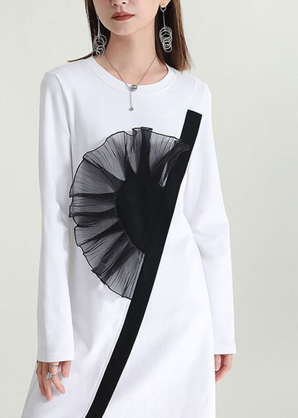 White Asymmetrical Patchwork Applique Cotton Dresses Fall