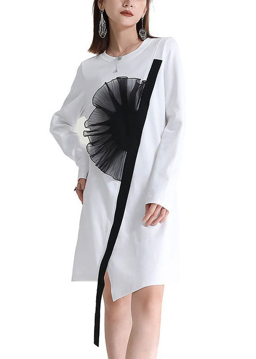 White Asymmetrical Patchwork Applique Cotton Dresses Fall