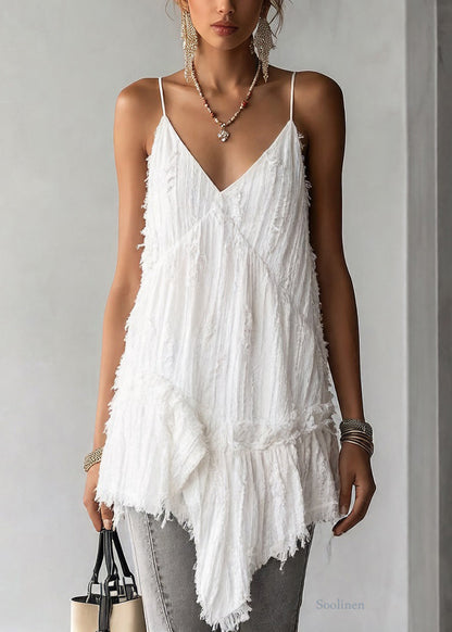 White Asymmetrical Ruffled Cotton Spaghetti Strap Tank Sleeveless