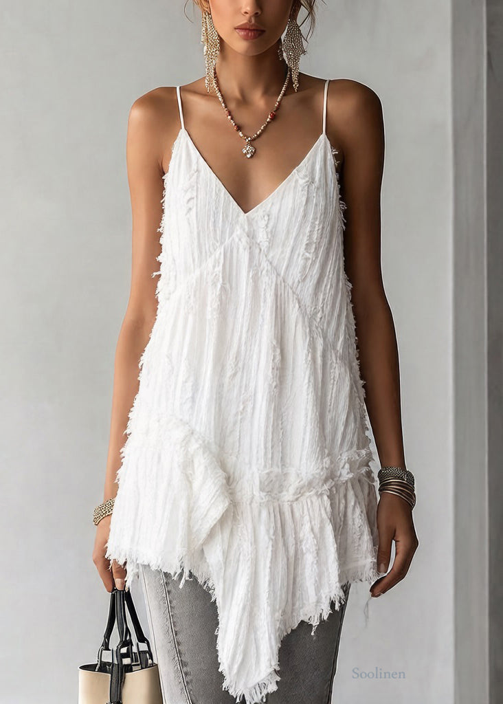 White Asymmetrical Ruffled Cotton Spaghetti Strap Tank Sleeveless