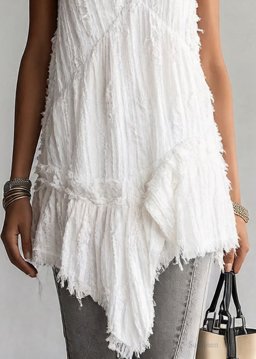 White Asymmetrical Ruffled Cotton Spaghetti Strap Tank Sleeveless