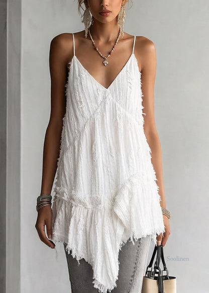 White Asymmetrical Ruffled Cotton Spaghetti Strap Tank Sleeveless