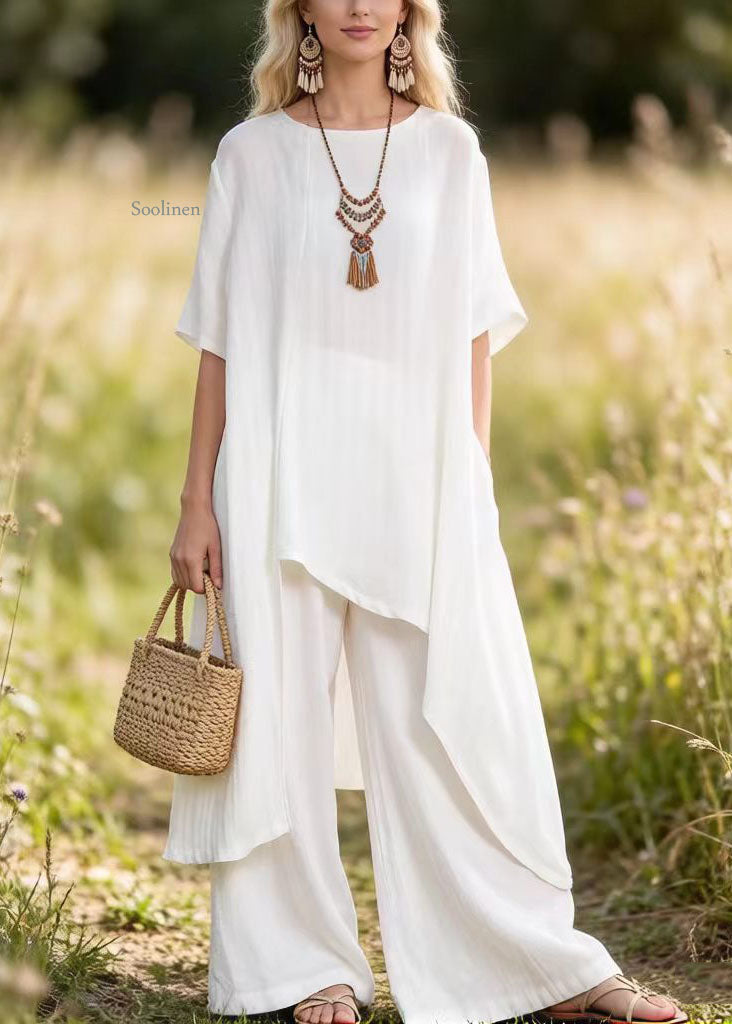 White Asymmetrical Top and Pants Cotton 2 Piece Outfit Summer