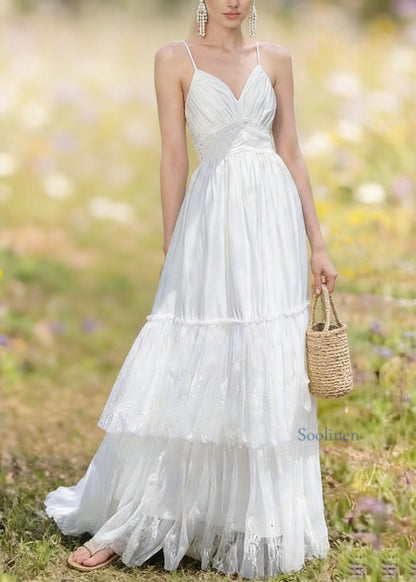 White Backless Patchwork Lace Spaghetti Strap Summer
