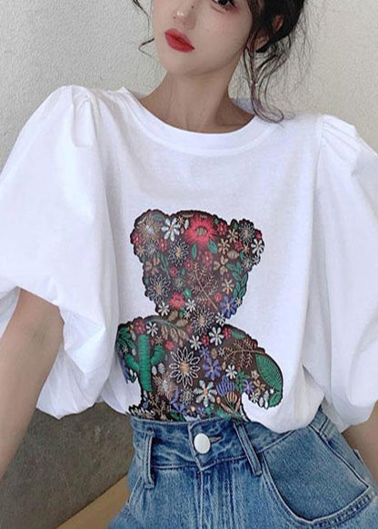 White Bear Print Cotton Tank Tops Puff Sleeve
