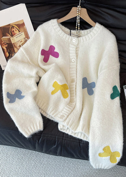 White Bow Button Cozy Wool Knit Cardigan Fall
