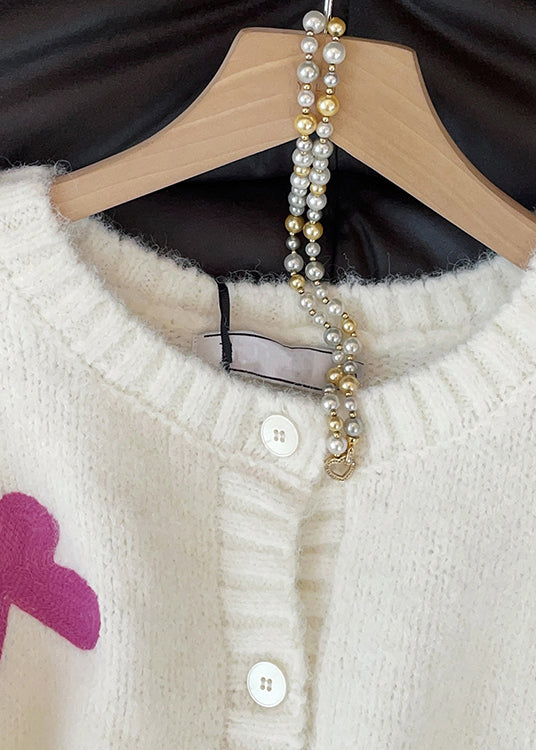 White Bow Button Cozy Wool Knit Cardigan Fall