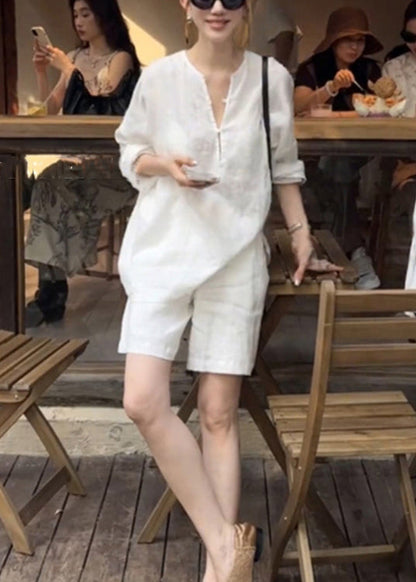 White Button Shirts and Pockets Shorts Cotton Two Pieces Set Summer