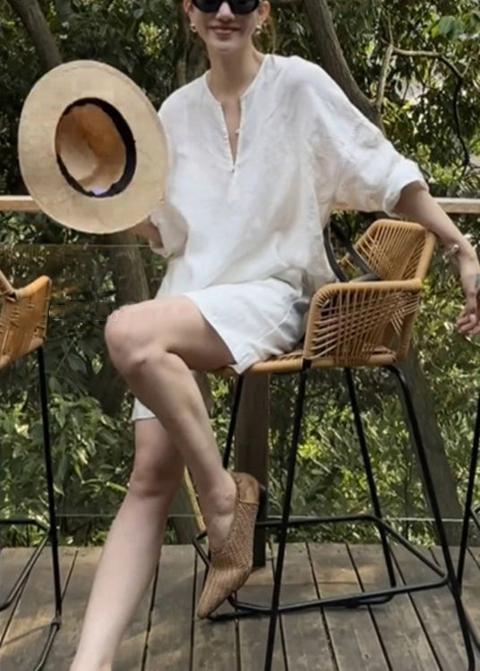 White Button Shirts and Pockets Shorts Cotton Two Pieces Set Summer