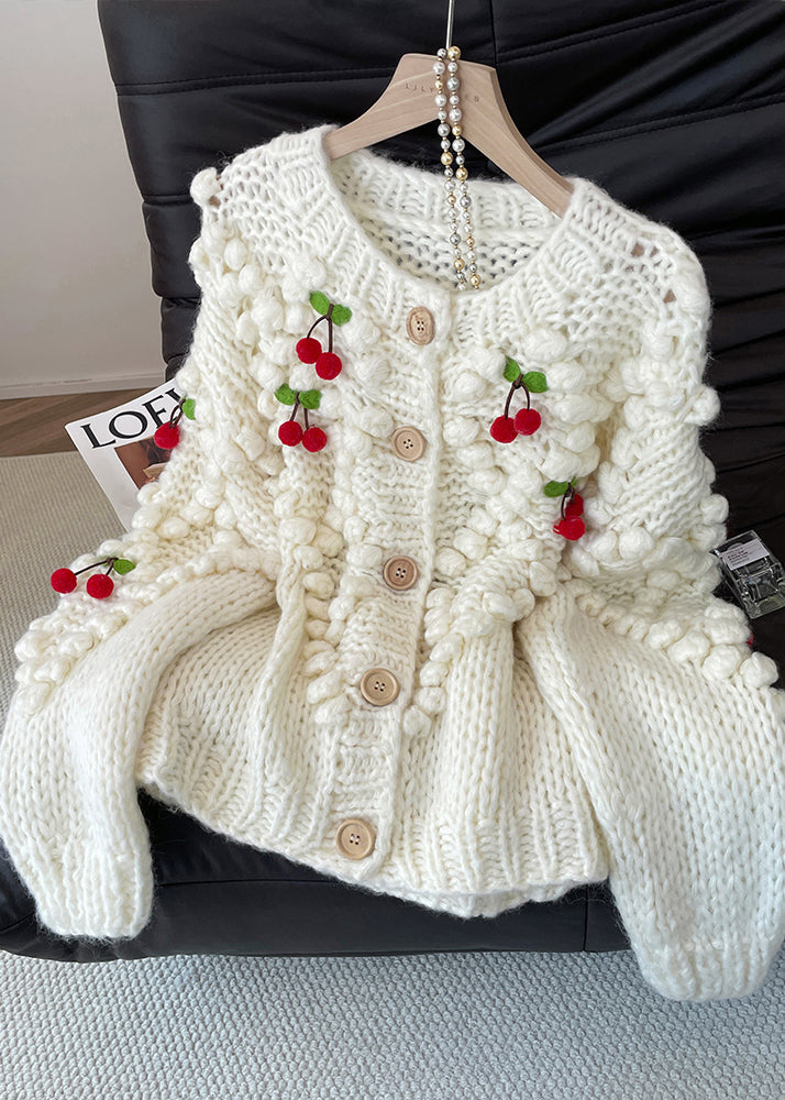 White Cherry Decorated Knit Cardigan Fall