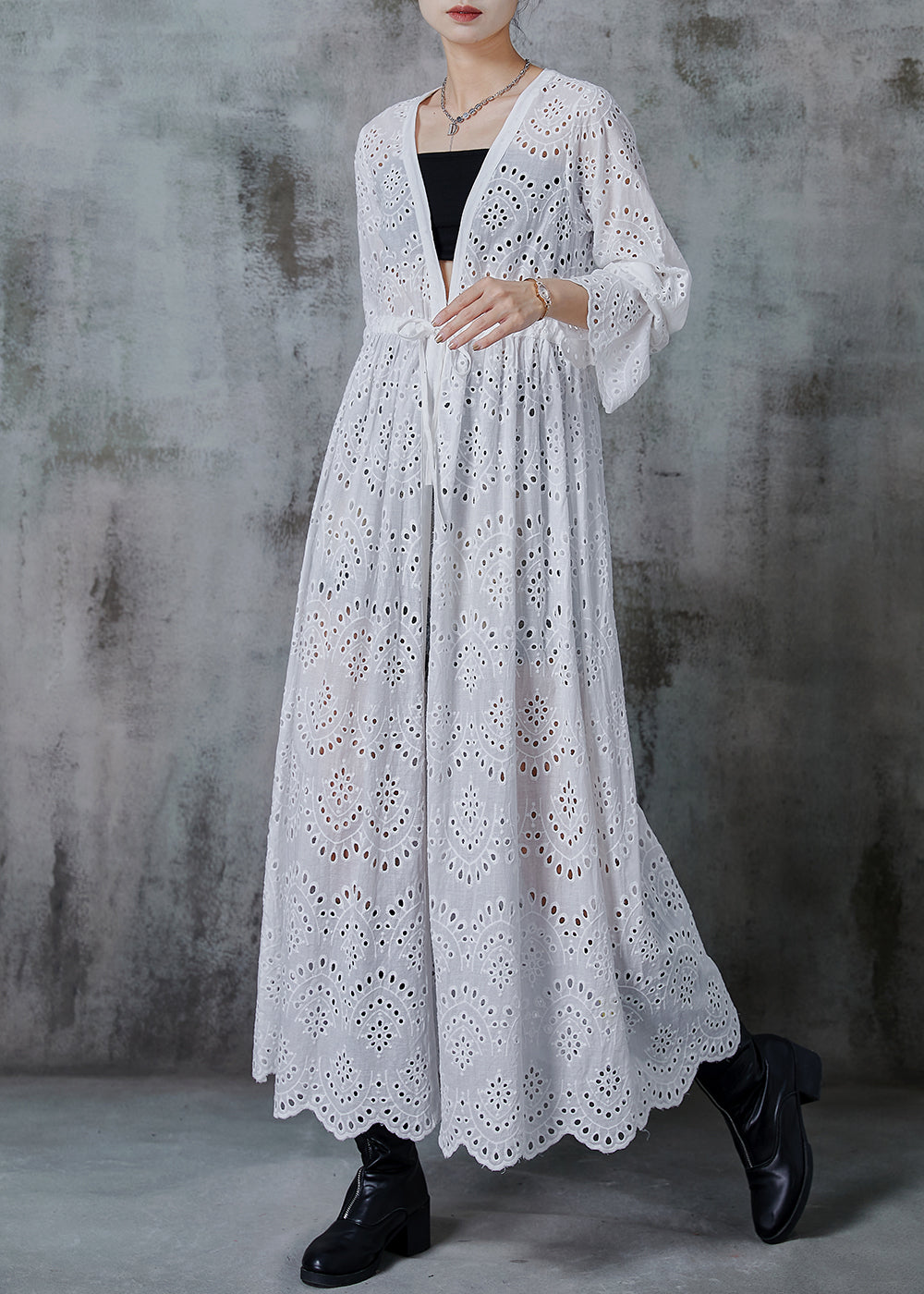 White Cinched Hollow Out Cotton Long Cardigans Spring