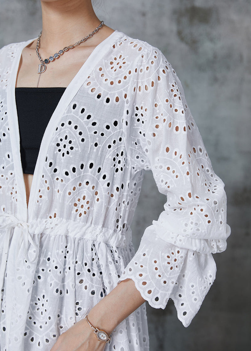 White Cinched Hollow Out Cotton Long Cardigans Spring
