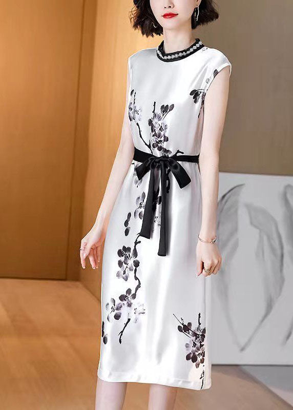 White Cinched Ink Print Silk Dresses Sleeveless