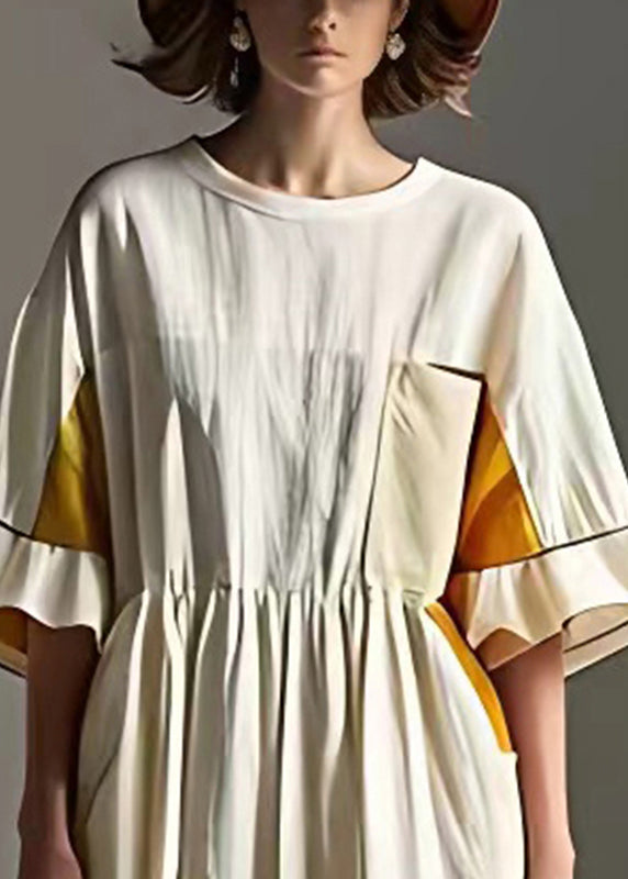 White Cinched Patchwork Cotton Vacation Dresses Summer