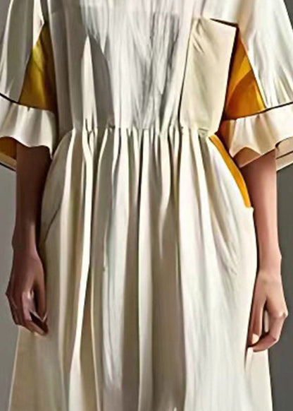 White Cinched Patchwork Cotton Vacation Dresses Summer