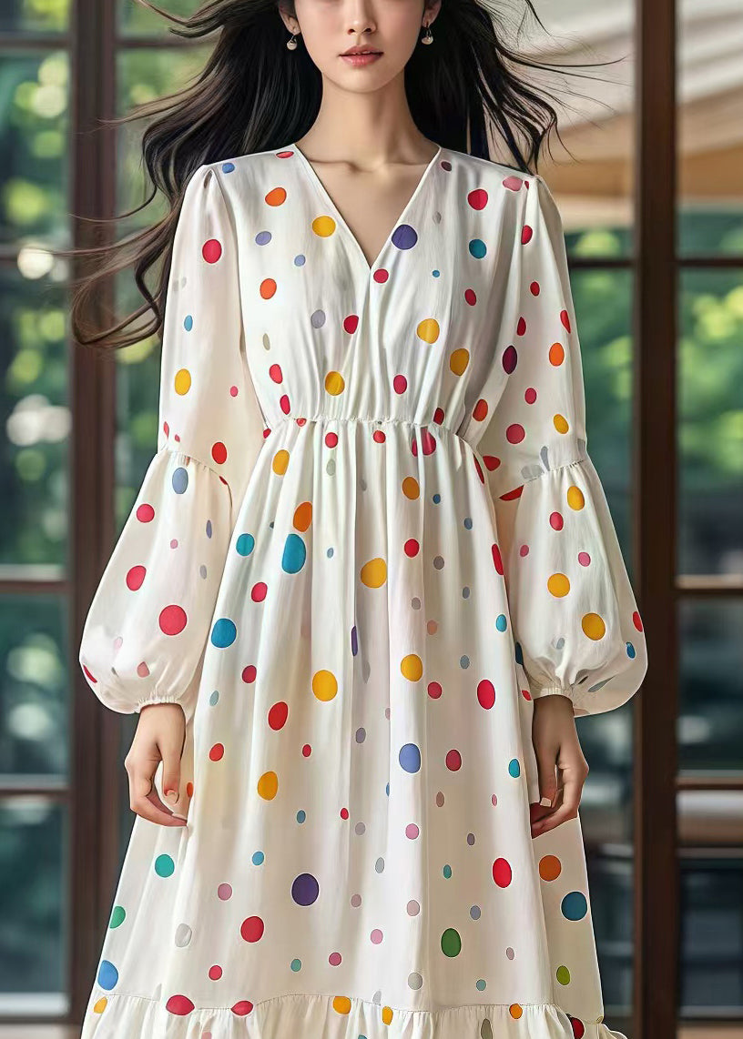 White Cinched Print Cotton Long Dress Lantern Sleeve