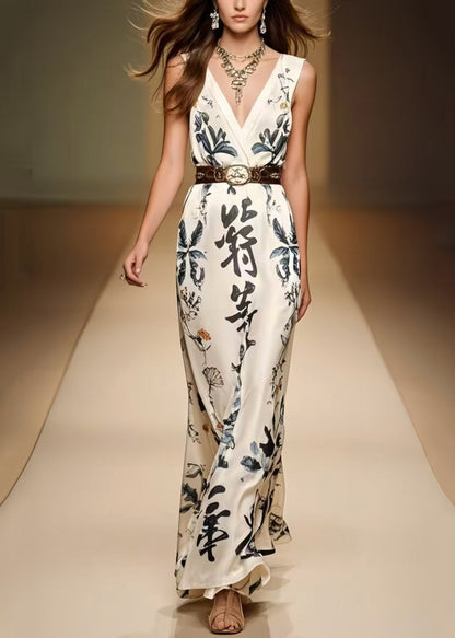 White Cinched Print Silk Dress Sleeveless