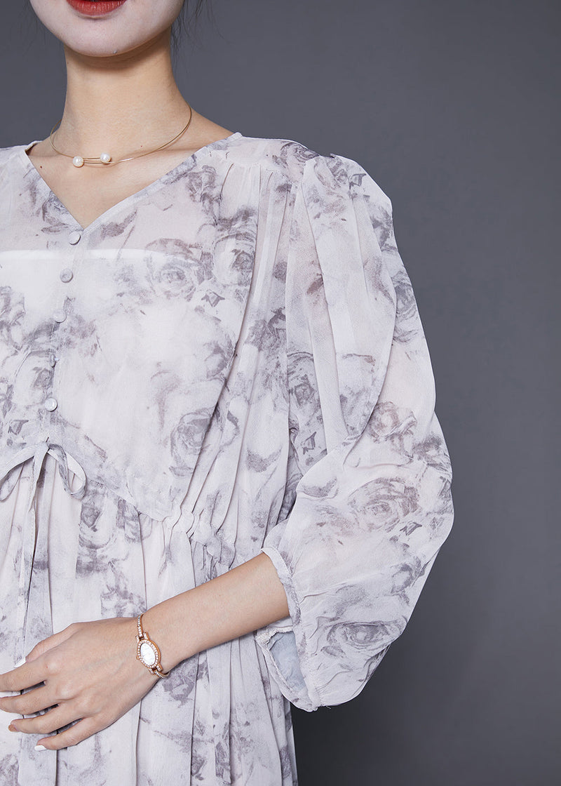 White Cinched Rose Print Chiffon Party Dress Summer