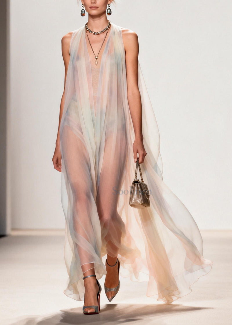 White Cold Shoulder Exra Large Hem Chiffon Beach Dress Summer
