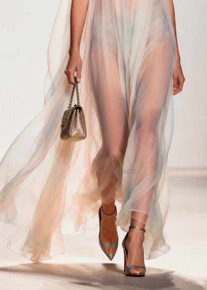 White Cold Shoulder Exra Large Hem Chiffon Beach Dress Summer
