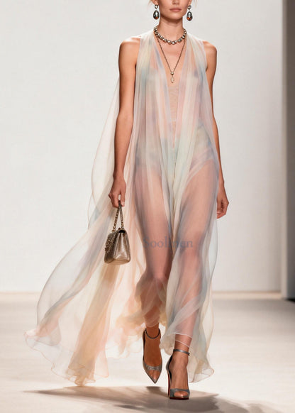 White Cold Shoulder Exra Large Hem Chiffon Beach Dress Summer