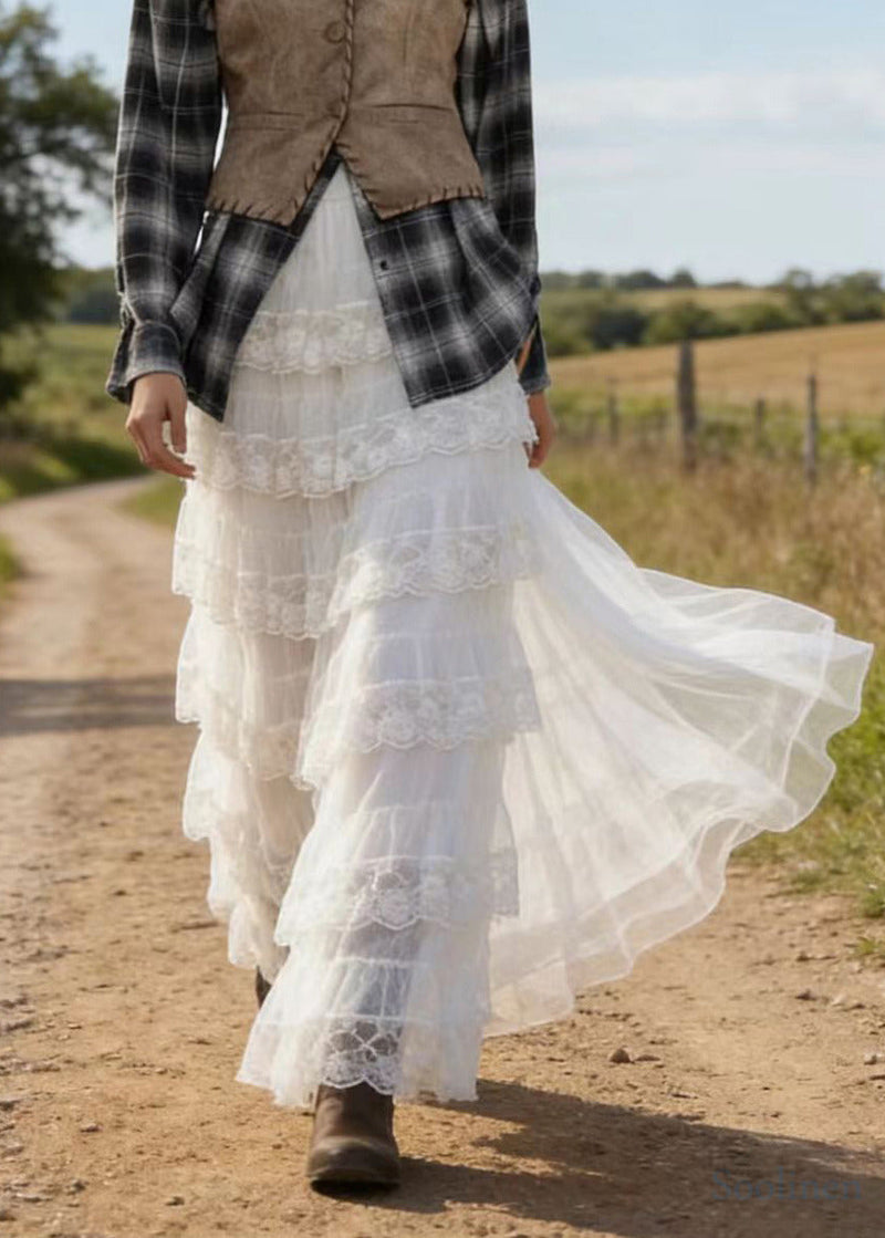 White Elastic Waist Patchwork Lace a Line Skirt Spring