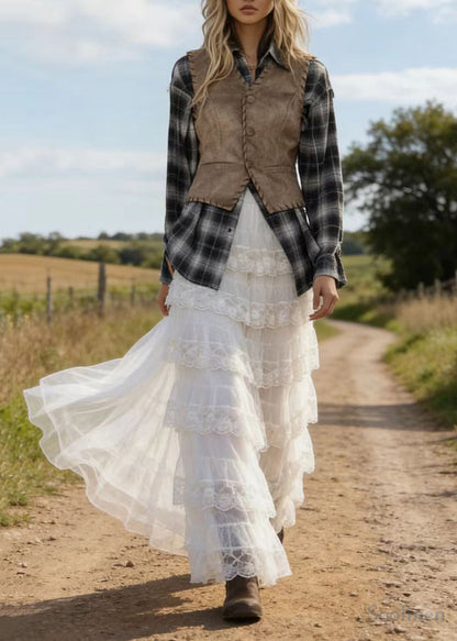 White Elastic Waist Patchwork Lace a Line Skirt Spring