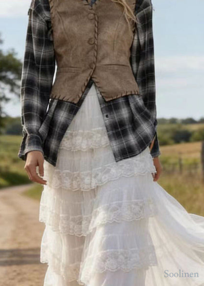 White Elastic Waist Patchwork Lace a Line Skirt Spring