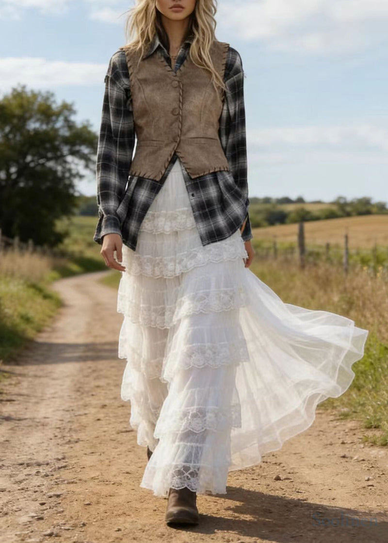 White Elastic Waist Patchwork Lace a Line Skirt Spring