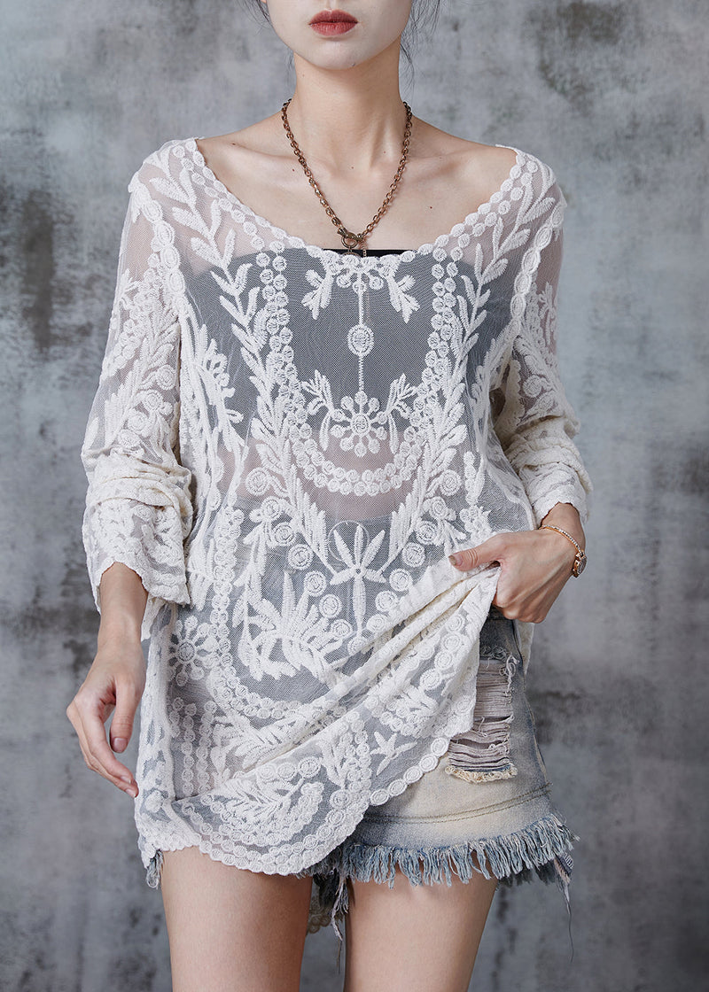 White Embroidered Hollow Out Tulle Long Smock Summer