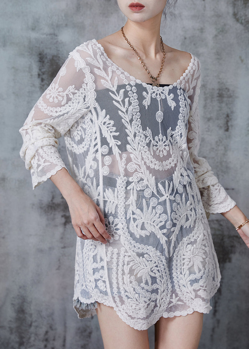 White Embroidered Hollow Out Tulle Long Smock Summer