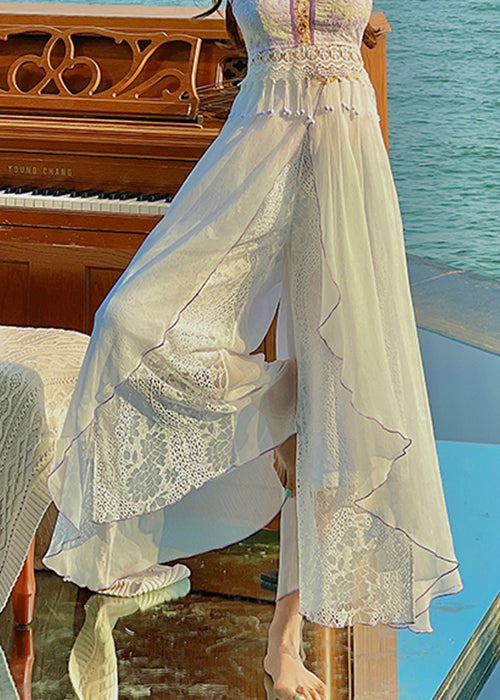 White Embroidered Lace Chiffon Thin Crop Pants Summer