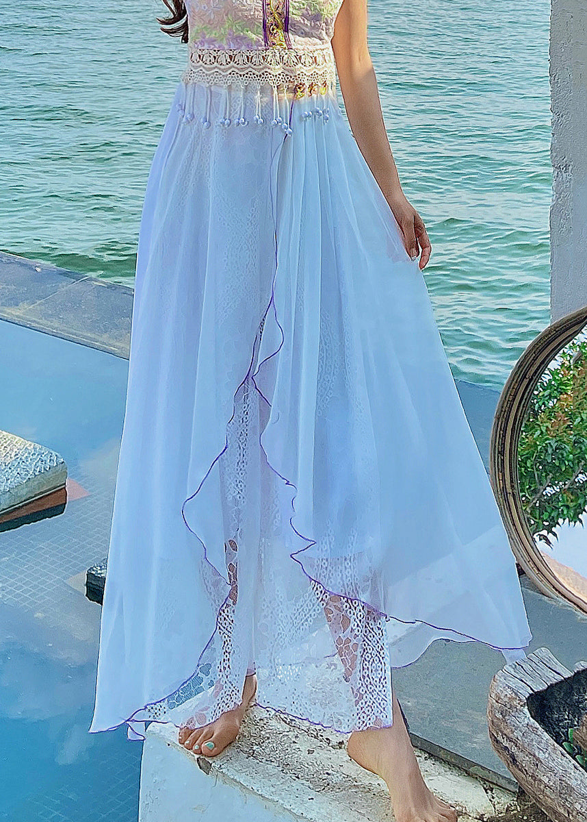 White Embroidered Lace Chiffon Thin Crop Pants Summer