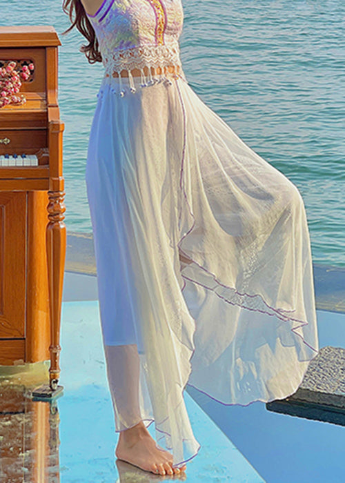 White Embroidered Lace Chiffon Thin Crop Pants Summer