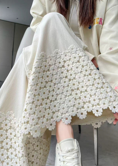 White Embroidered Patchwork Cotton Pants Spring