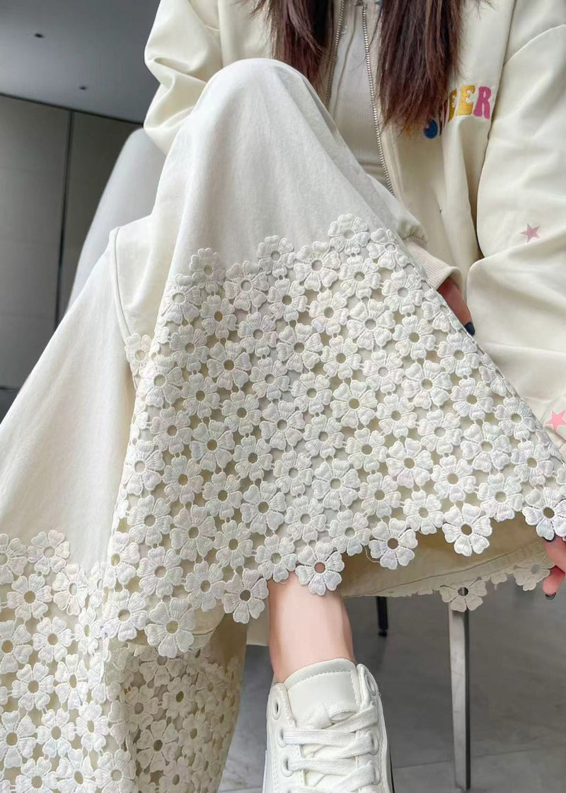 White Embroidered Patchwork Cotton Pants Spring