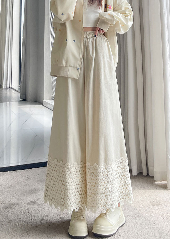 White Embroidered Patchwork Cotton Pants Spring