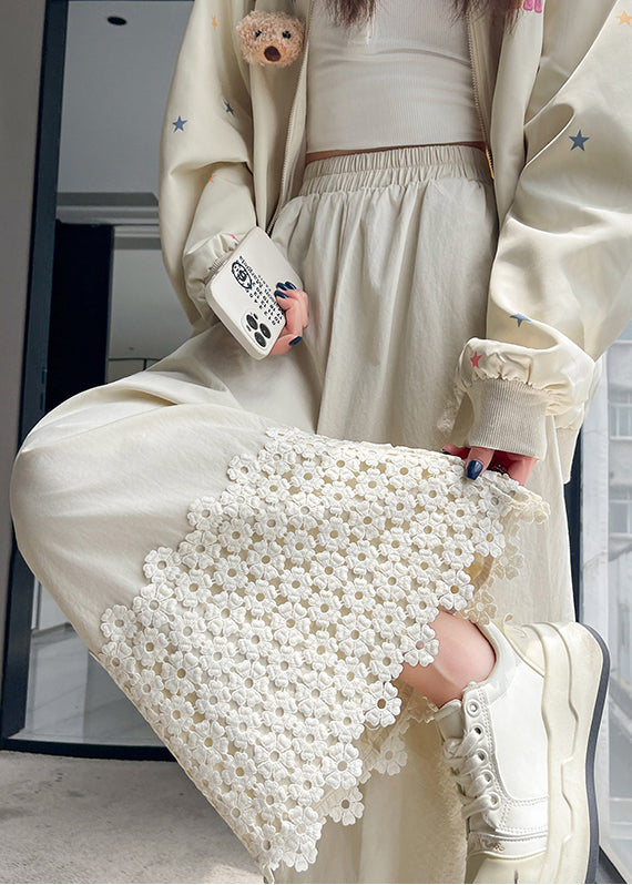 White Embroidered Patchwork Cotton Pants Spring