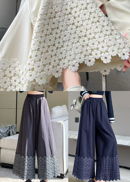White Embroidered Patchwork Cotton Pants Spring