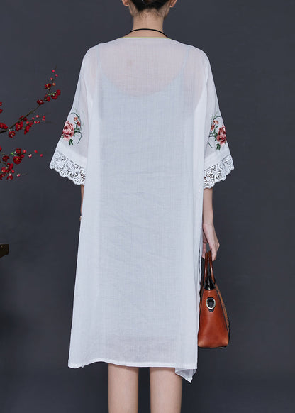 White Embroidered Patchwork Linen Oriental Dresses Summer